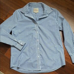 Casa Cabana Women Blue White Stripped Button Down Shirt Cotton Blend Medium